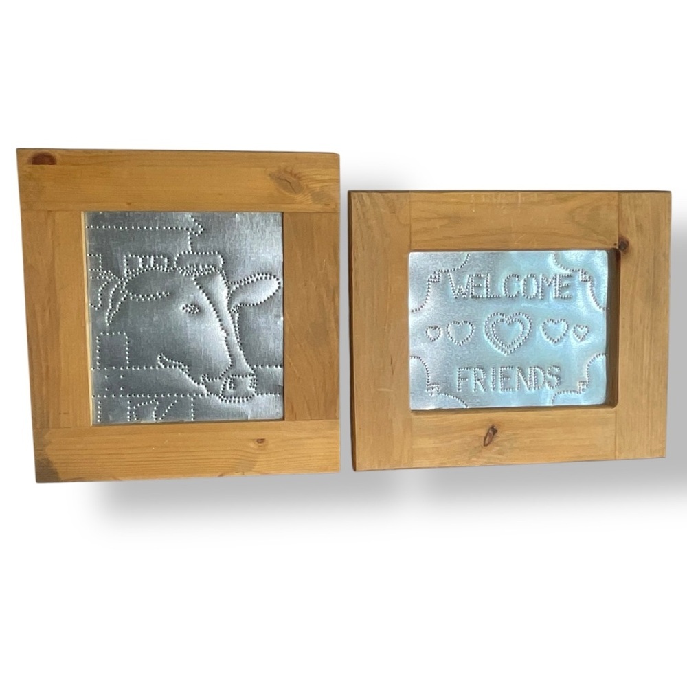 Vintage Framed Art Welcome Sign Cow Punched Tin Folk Art Punched Country Decor